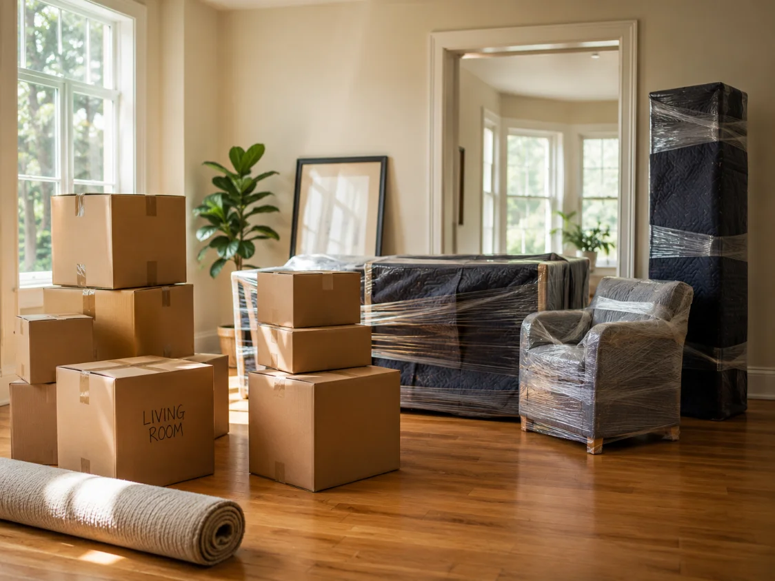 Movers wrapping furniture